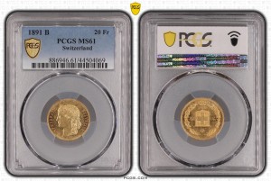 20 Франка 1891 MS 61 PCGS Хелветика