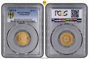 20 Франка 1893 MS 62 PCGS Хелветика