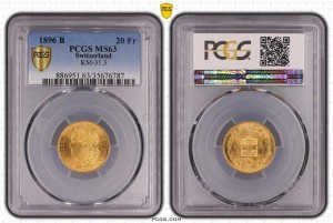 20 Франка 1896 MS 63 PCGS Хелветика
