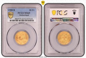 20 Франка 1908 MS65 Вренели