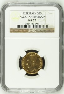 20 Лири 1923R MS 62 NGC Италия Fascetto