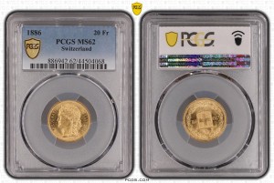 20 Франка 1886 MS 62 PCGS Хелветика