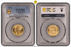 Соверен 1872 Щит Die#50 MS62 PCGS