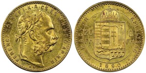 Унгария Франц Йозеф 20 Франка/ 8 Форинт 1890 KB NGC AU 58
