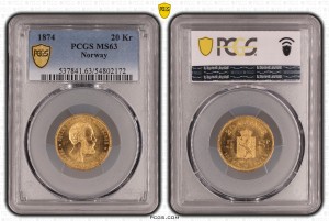 20 Kroner / 5 Speciedaler 1874 MS63 PCGS